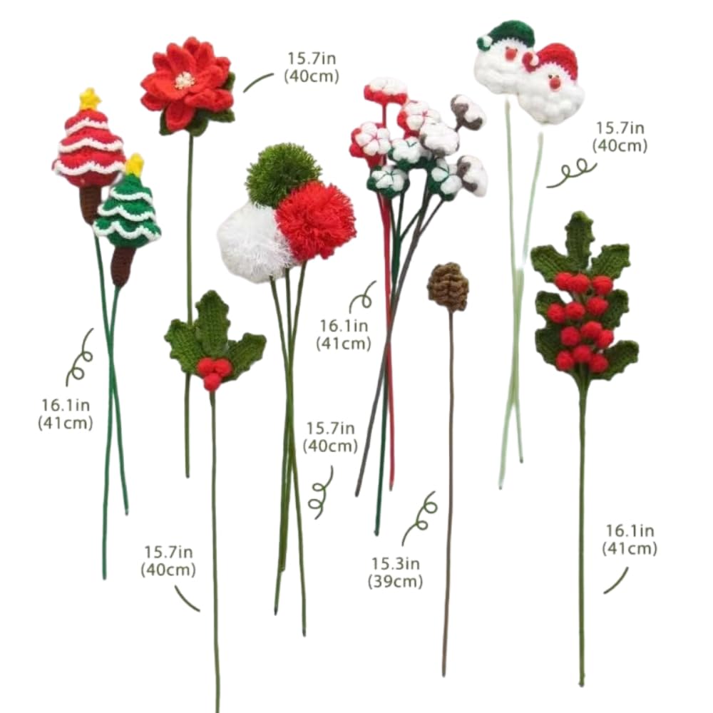 Bouquet de fleurs de Noël fait à la main en laine tricotée - Arrangement floral artificiel - Décoration de table de Noël - Cadeau unique fabriqué à la main pour la famille et les amis