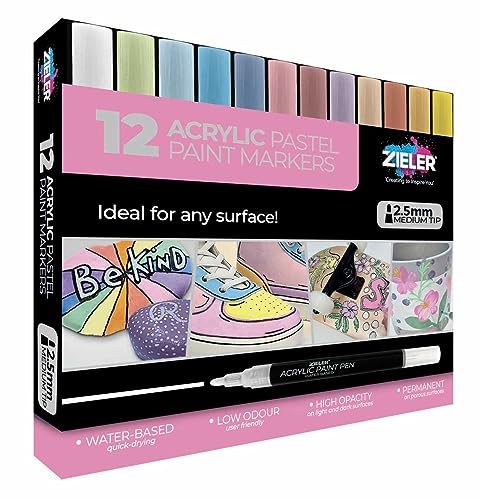 Zieler Lot de 12 stylos de peinture acrylique pour peinture sur roche, céramique, porcelaine, verre, pierre, galets, tissu, bois et bricolage - Marqueurs permanents à base d'eau - Couleurs pastel