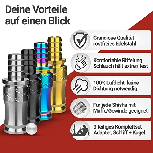 Shisha-Schlauchadapter 18/8 Schliff Rostfreies V2A Edelstahl - 2-teilig inkl. Ventilkugel - Universal für jede Shisha… – Bild 3