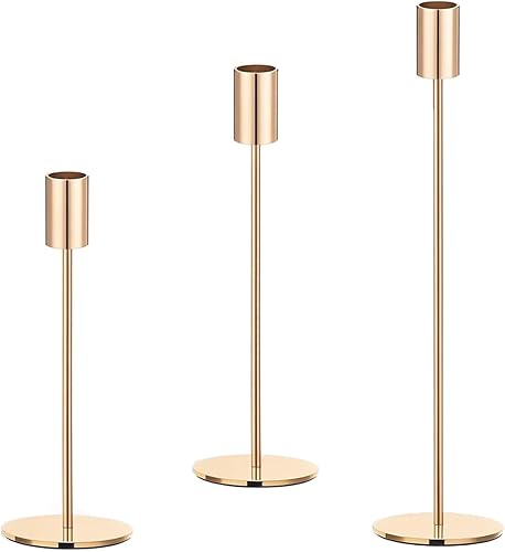 Juego de 3 portavelas cónicos dorados, portavelas de metal dorado, portavelas alto, se adapta a velas LED y velas LED de 34 pulgadas de grosor, para