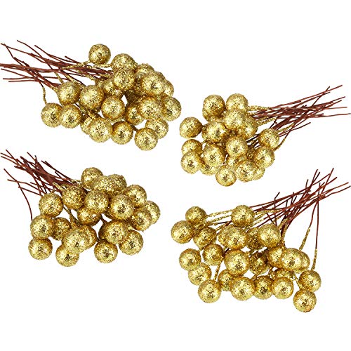 BBTO 100 Pcs Artificial Holly Berries for Christmas, Sequined Gold