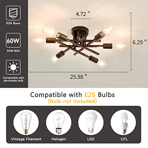 Image of ASGYISA 6-Lights Semi Flush Mount Ceiling Light Fixture Vintage Modern Bronze Matte Sputnik Chandelier Farmhouse Ceiling Lamp for Kitchen Bedroom Dining Room Living Room Entryway.