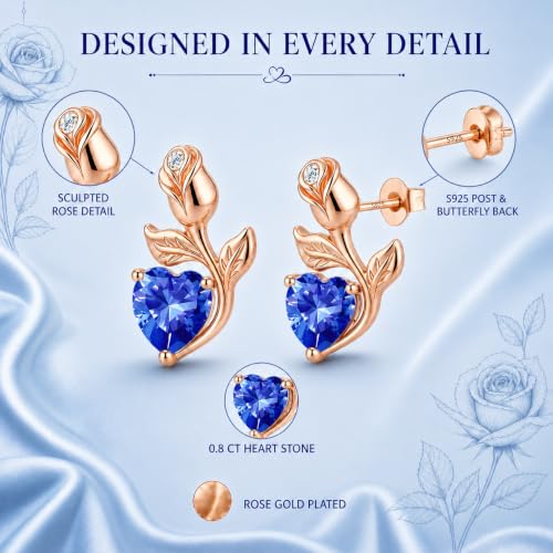 JACUPO 0.8CT Rose Heart Birthstone Stud Earrings for Women(Sept. Sapphire))
