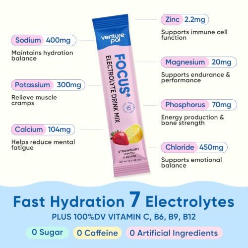 Image of Venture Pal Sugar Free Hydration + Focus Electrolyte Packets, 16 Sticks | 7 Electrolytes + Vitamins, Magnesium, Lion's Mane & Ashwagandha, Boost Clarity & Energy, Electrolytes Powder, Vegan, Keto