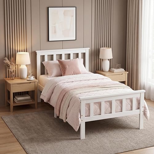 Panana New Single Bed Frame 3FT White Solid Pine Wood Bed for Adults Kids Teenagers (White)