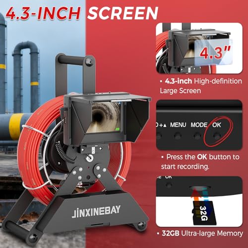 Cámara de Inspección para Tuberías, Monitor IPS con Tarjeta TF de 32GB DVR, Cámara HD 1200TVL IP68 con Cable de Fibra de Vidrio 65/100FT, Batería 5600mAh Visión Nocturna, para Hogar/Contratista/Plomero (4.3 pulgadas/65FT) miniatura 2