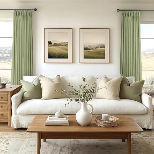 Pinch Pleated Blackout Curtains 90 Inch Long, Linen Blend, 100% Blackout Drapes with 20 Hooks, Ideal for Bedroom and Living Room, 40" W x 90" L (Pack of 2), Sage Green