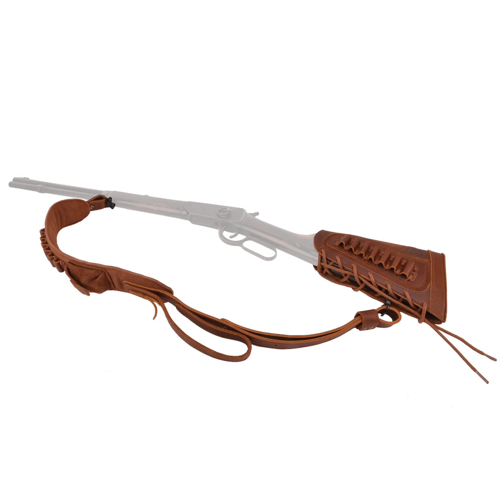 Leder Munitionshalter Gewehrkolben mit passendem Trageriemen für Kaliber .357, .30-06, .30-30, .45-70, .308, .22LR & 12GA