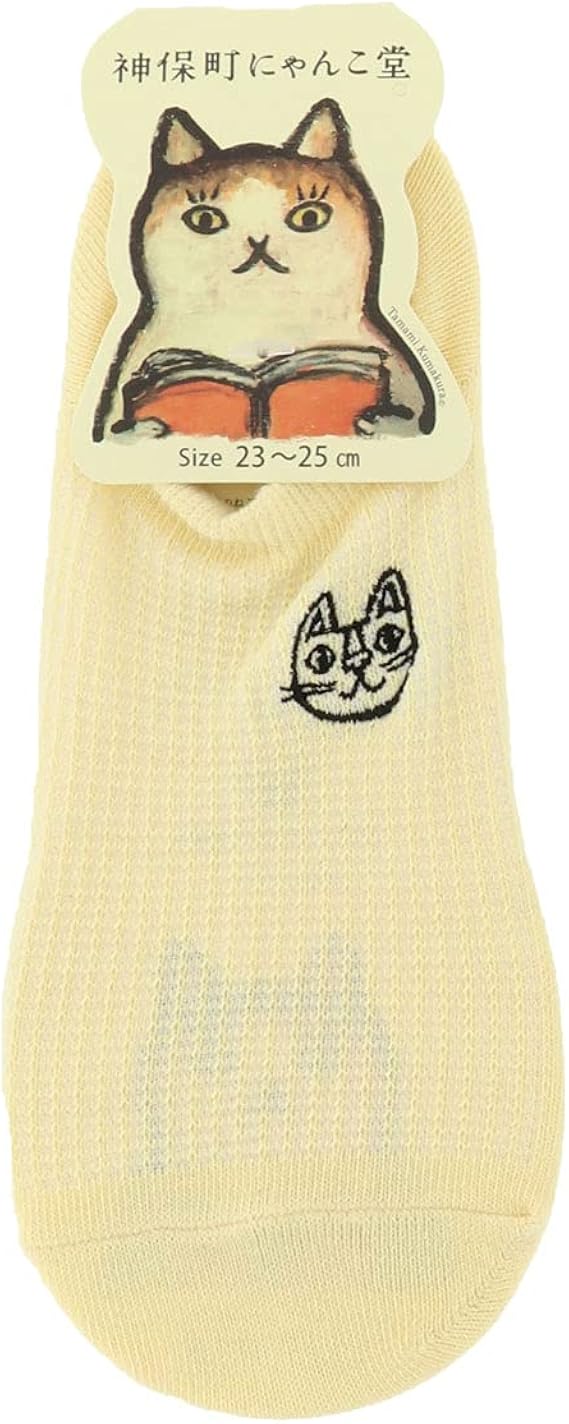 Amazon 神保町にゃんこ堂 カバーソックス 深履き ワッフル猫刺繍 23 25cm イエロー スニーカー丈 フットカバー レディース ネコ フットカバー スニーカーソックス 通販