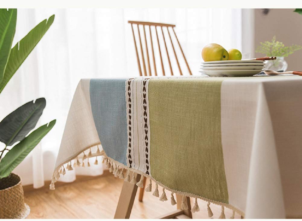 Lanqinglv Green-Blue Cotton Linen Tablecloth 140x140cm Square Tassel Decoration Dust-proof Table Cloths Washable Garden Party Dinner Picnic Tassel Table Covers (PC-GN,140x140)