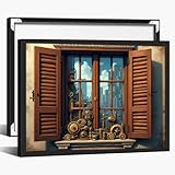 Steampunk Mechanical Window Poster – Vintage Industrial Wall Art, Retro Gear & Pipe Design, Sci-Fi Steampunk Decor for Home & Office 16x20in Large Black aluminum frame