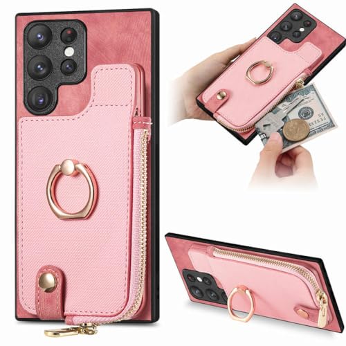 Étui en cuir rose avec portefeuille à fermeture éclair pour Samsung Galaxy