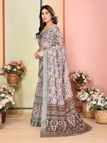 Image of Sidhidata Women's Cotton Linen Blend Lining Digital Printed Saree With Unstitched Blouse Piece (Linen Lining Saree)