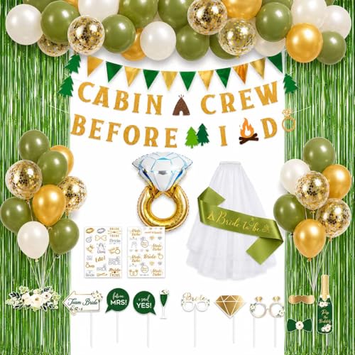 NCTDSUKAY Camp Bachelorette Decorations Green Bride To Be Sash Veil Fringe Curtain Cabin Crew Before I Do Banner Balloons  Green Photography Propscamping Themed Bridal Shower Wedding Decorations