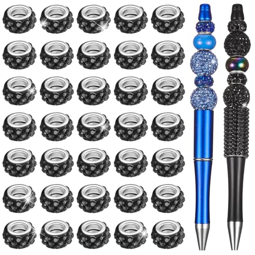 Junkin 120 Pcs Large Hole Beads 11 mm European Crystal Charm Spacer Rhinestone Colorful European Beads for Pens Making Bulk Beadable Pens Jewelry Making Supplies DIY Crafts Bracelet(Black)