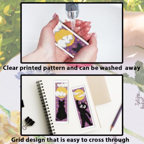 Image of ACRNIGHEET 6PCS Cross Stitch Bookmark Kit for Beginner Stamped Cross Stitch Kits for Adults Cute Cat & Moon DIY Tassel Embroidery Bookmark Kits Needlepoint Kit with Instructions Gift 8.5''x3'' 11CT