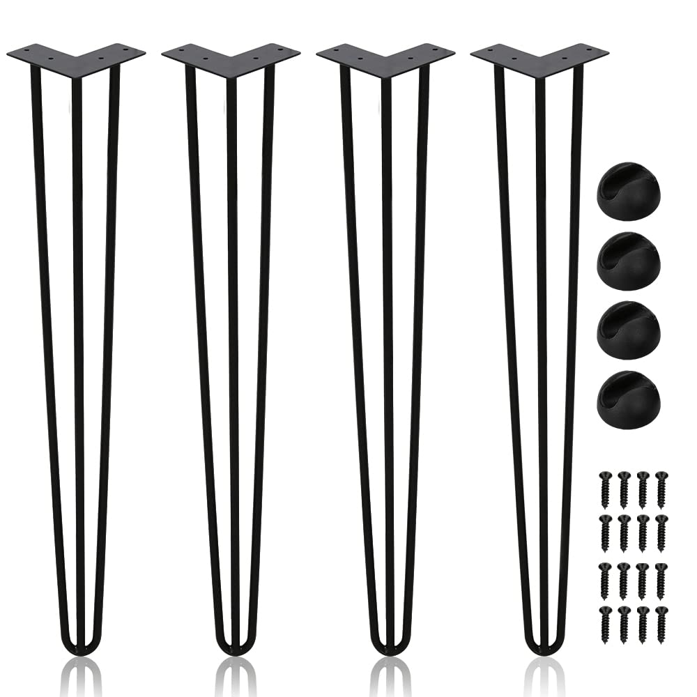 Set di 4 gambe per capelli, in metallo nero con gamba a 3 aste, per scrivania, tavolino da caffè, con protezioni per pavimento e viti (45 cm)