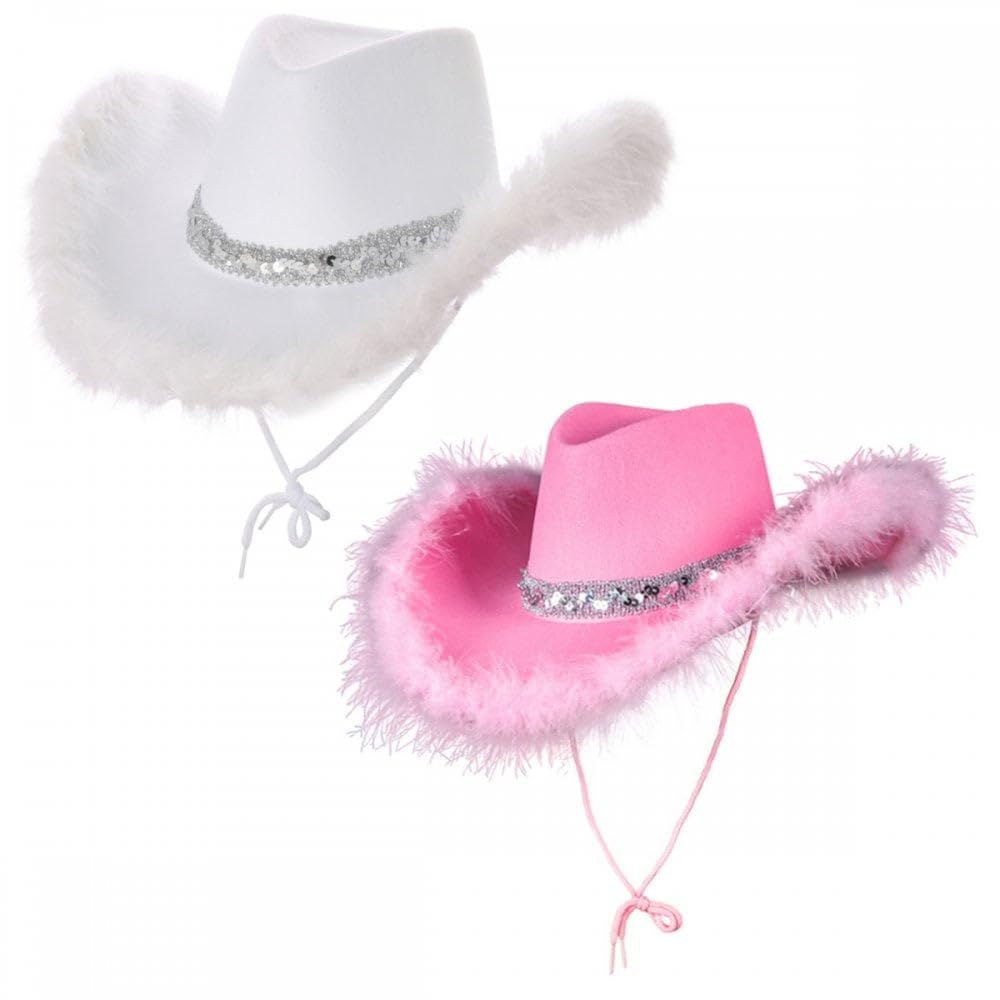 2 Pack Cowgirl Hats (Multiple Options) : Adult Ladies Womens Western Wild West Hen Night Music Festival Barn Dance Rodeo Fancy Dress Cowboy Costume Accessories (Sequin & Marabou Feather, White,Pink)
