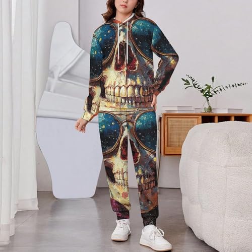 Boys Girls Sweatshirt Set Kid 2 Piece Pullover Hoodie Jogger Sweatpants, Funny Skull Hippie2