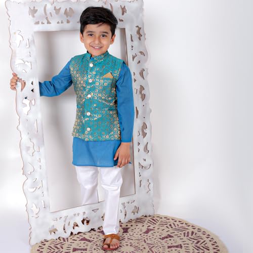 Image of Superminis Boy's Cottton Kurta Cotton Brocade Printed With Golden Thread Work Nehru Jacket and Elastic Closure Pyjama Set