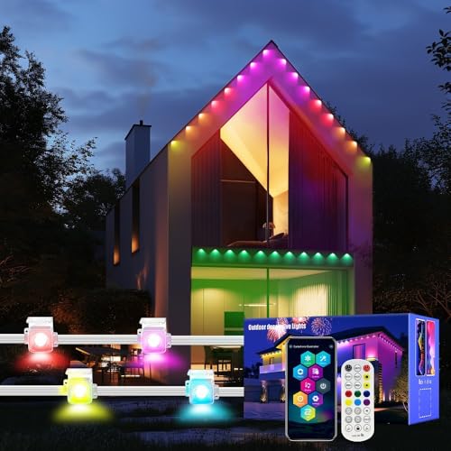 Image of Permanent Outdoor Lights, 200FT RGB LED Smart Eaves Lights with 120 LEDs, IP67 Waterproof, Remote /APP Control, DIY Scene Modes, Music Sync Lighting for Party, House, All Holiday Decorations