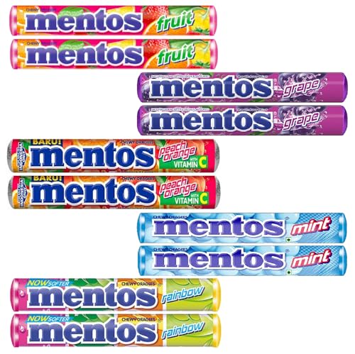 Image of Mentos Chewy Mint Candy Roll, Grape, Peach Orange, Mint And Rainbow Flavour Pack Of 10, (10x29g)