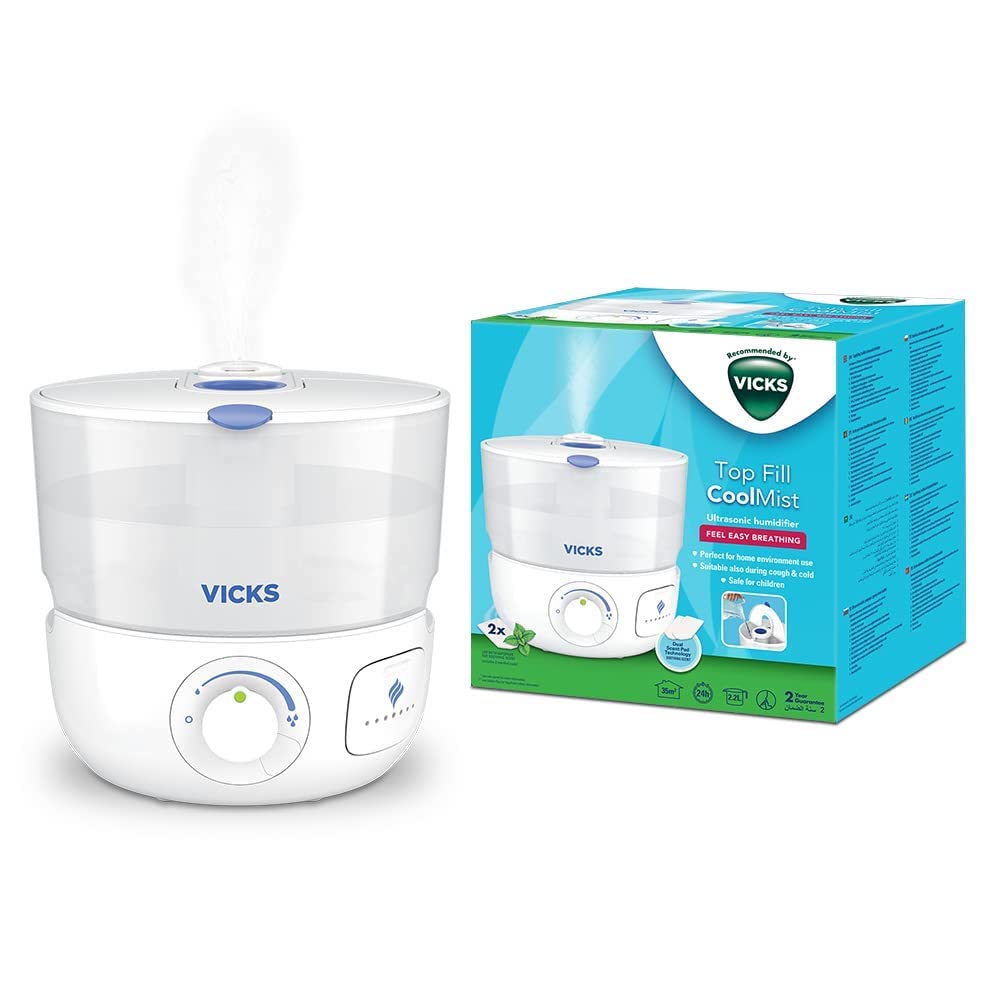 Vicks Top Fill Cool Mist Ultrasonic Humidifier - Easy to use - Year Round Home Use in Living Rooms, Bedrooms, Baby Nursery - Up to 24h for 35m2 - Quiet - Essential Oil - VapoPads Included - VUL585