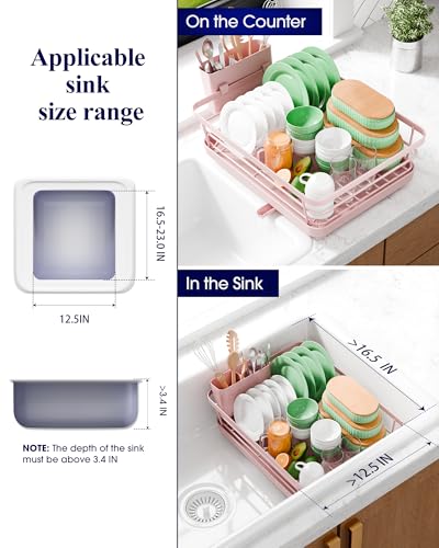 Kitsure Dish Drying Rack for Kitchen Counter, Stainless Steel Sink Organization and Storage Essentials with Cutlery Holder, Home and Appartment Decor, 12''W x 15.5''L, Pink
