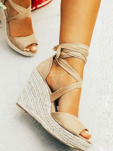 Image of SERAIH Womens Lace up Espadrilles Platform Wedges Sandals Heels Tie Ankle Strap Summer Dress Shoes