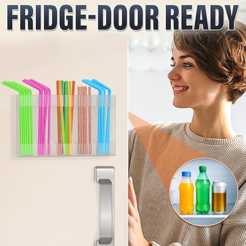 Image of 9.5 inch Large Acrylic Straw Holder for Cabinet Door with Stickers - Peel and Stick Straw Holder for Drawer, for Straws, Makeup Brushes, Kitchen Utensils - Includes Strong Adhesive Tape for Easy Mounting