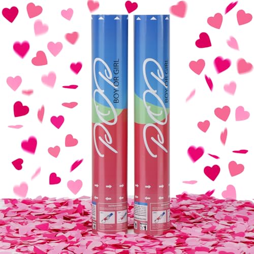 Gender Reveal Poppers Pink Baby Girl Confetti Cannons 2 Pack with Heart Shaped Confetti for Baby Shower Birthday Gender Reveal Party Supplies - 12 inch