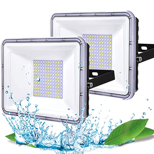 YIQIBRO 100W Focos LED Exterior 2 Piezas, 10000LM 6500K Blanco Frío Luces LED Exterior, IP67 Impermeable Iluminación de Seguridad para Terraza, Jardín, Patio, Parque, Garaje, Estadio