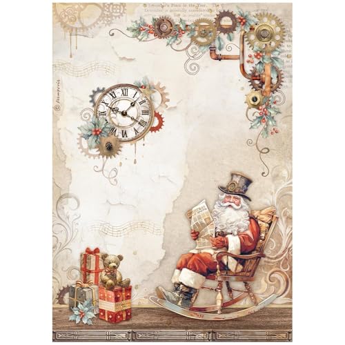 Stamperia Papel de arroz A4, diseño vintage de reloj de Navidad