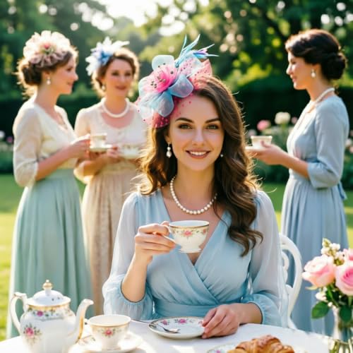 Image of DRESHOW Fascinators Hat Flower Mesh Ribbons Feathers on a Headband and a Clip Tea Party Headwear for Girls and Women