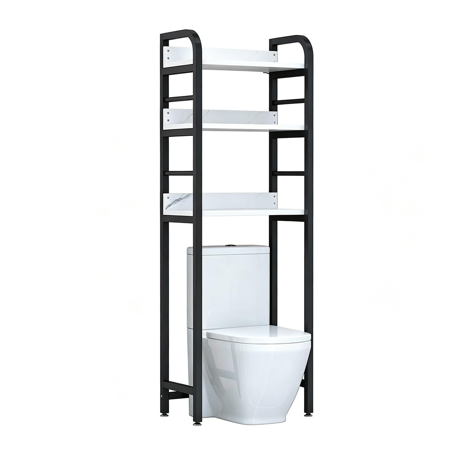 Freestanding Over Toilet Storage Shelf, No Drilling Bathroom Organizer, 2-Tier Metal Space Saver Rack, Adjustable Shelf for Small Space(3-tier,Black+White Marble 19.7x11.4x55.1in)