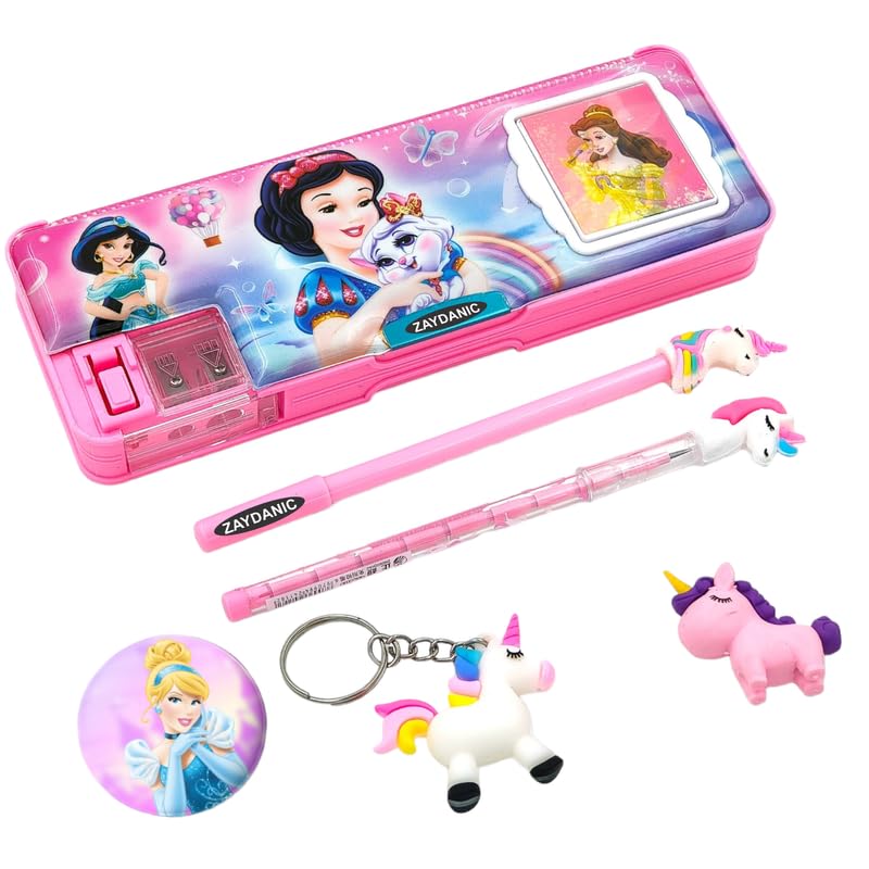 Image of Disney Princess Pencil Box Integrated Sharpener and Calculator, Magnetic Lock, Dual Compartments, Cartoon Stationery Case School Kit for Girls, Kids, Students Combo Set of 5in1
