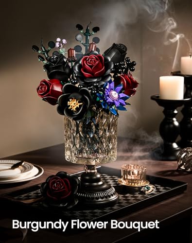 Image of iATOM Black Burgundy Red Rose Bouquet Building Set, Compatible with Lego Flowers for Adults - Halloween Botanical Collection - Gothic Artificial Flowers Home Decor - IA11015