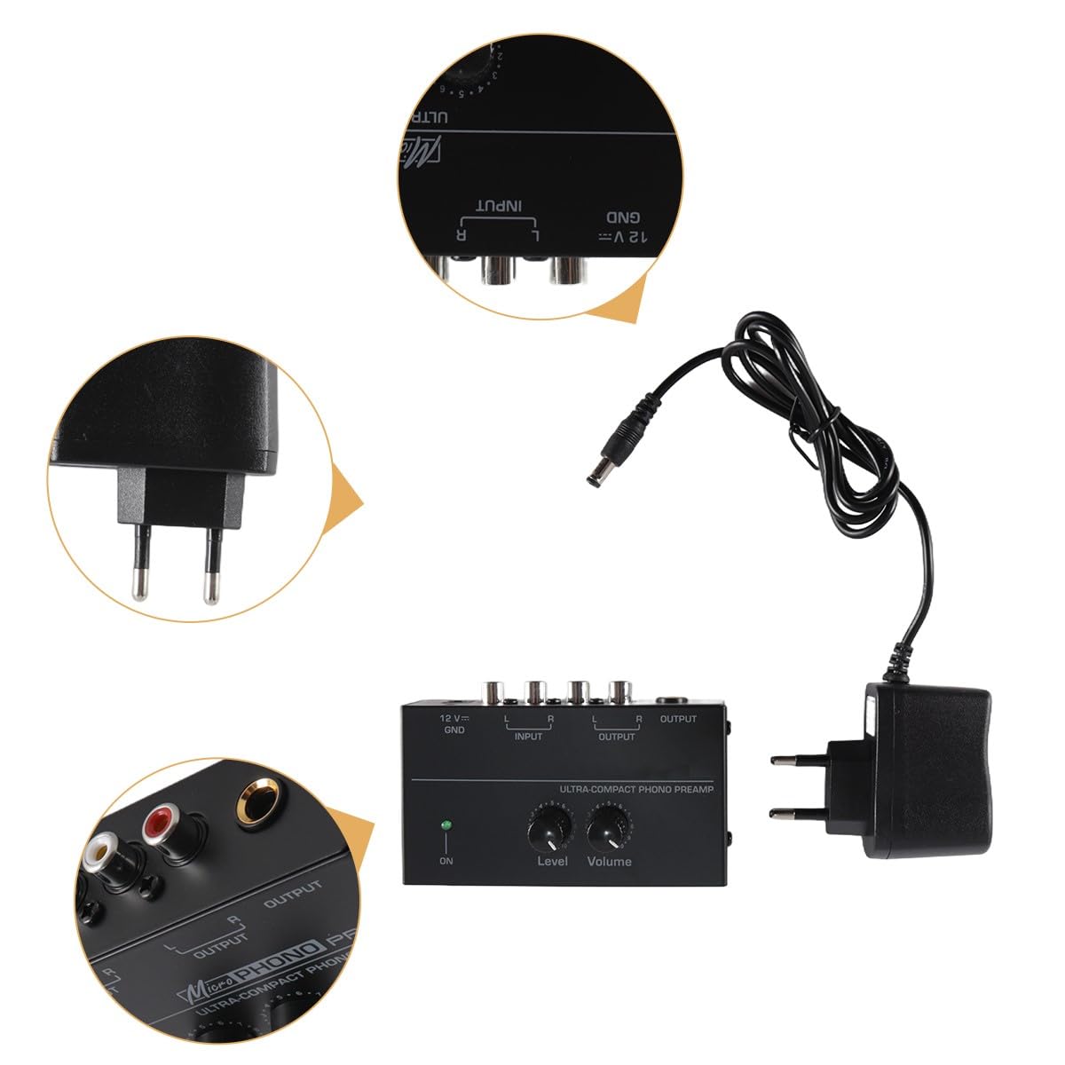 Alide PP500 Phono-Vorverstärker mit Lautstärkeregler, kompakter Audio-Vorverstärker für Plattenspieler, Heim-Audiosysteme, Schwarz