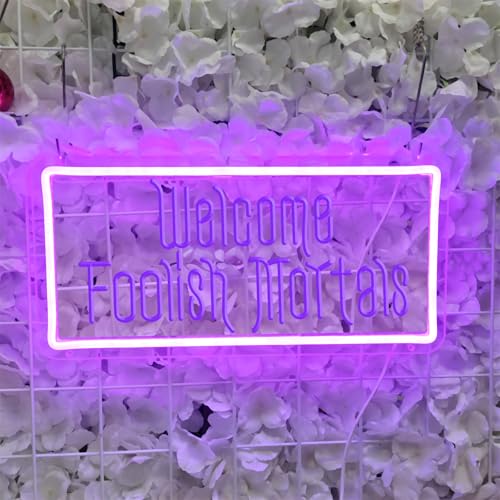 Image of Welcome Foolish Mortals Neon Sign,Dimmable Spooky Gothic Haunted Mansion Coffin LED Neon Signs for Wall Decor,USB Powered Led Neon Light for Halloween Party Haunted House Man Cave Birthday Gifts,40*19.6cm