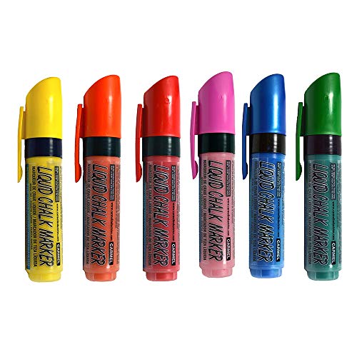 Carmel Liquid Chalk Marker Wide Tip, Pack of 6 (Assorted Colors), Removable Water-Based Chalk Pen, Erasable Bistro Chalk Marker, For whiteboards, glass, vinyl blackboards, milestone boards
