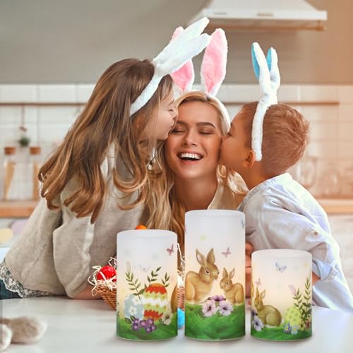 Image of Eldnacele Easter Bunny Flameless Flickering Candles with 6H Timer Battery Operated Real Wax Candles Easter Eggs Lilies Rabbits Home Decor 4 inch5 inch6 inchH (3 inchD)