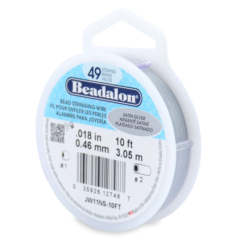 Beadalon Satin Silver 49 Strand Stainless Steel Bead Stringing Wire, .018 In / 0.46 Mm, ,10 Ft / 3.1 M