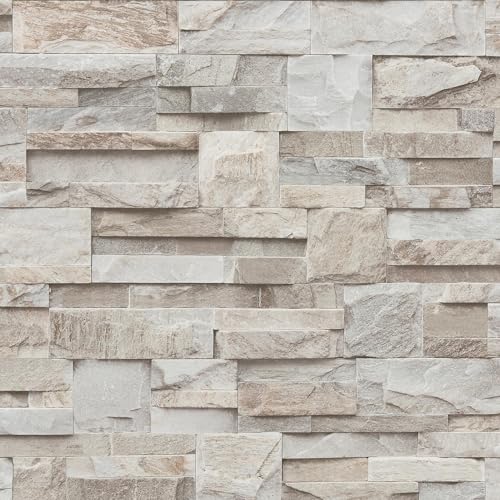 Beige Grey Slate Stone 3D Effect Wallpaper Realistic Brick Living Room Kitchen Bedroom