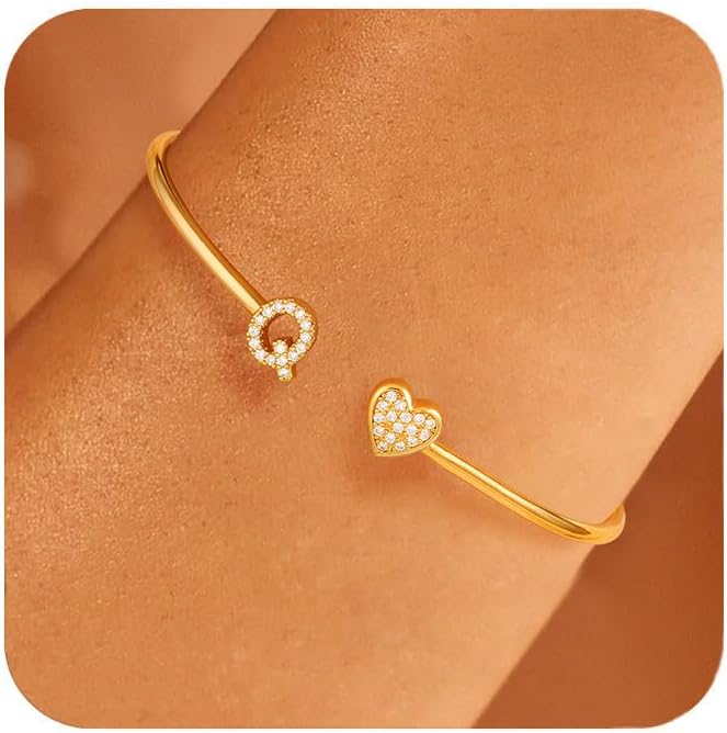 Honsny Gold Initial Bracelets for Women 18K Gold Plated Initial Heart Cuff Bangle Bracelets for Women Non Tarnish Dainty Cute Gold Initial Bracelets for Women Teen Bridesmaid Trendy Gifts Jewelry