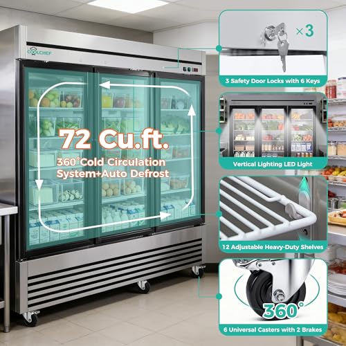 Image of COOLCHEF 81 inch Commercial Glass Door Refrigerator, 72 Cu.Ft Triple-Door Reach-In Cooler, 33-40℉, Triple-Layer Low-E Glass, 12 Shelves, R290