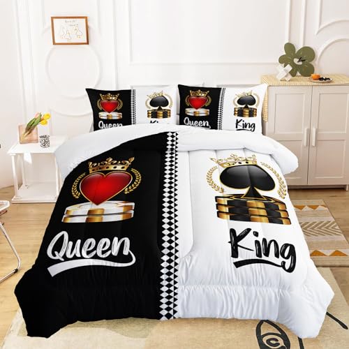 Image of AILONEN Queen and King Couple Comforter Set King Size,3-Piece Black and White Crown Bedding Set for Room,Romantic Soft Microfiber Comforter with 2 Pillowcases