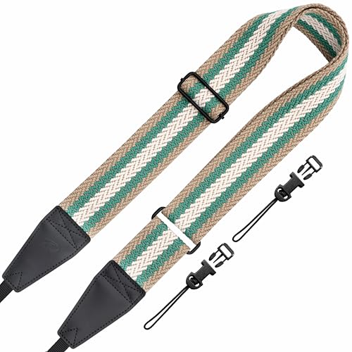 Image of Padwa Lifestyle Adjustable Camera Strap - 2 inch Top Layer Cowhide Head Camera Straps for Photographers,Soft Cotton Rope Crossbody Strap with Quick Release fits All Cameras - Green White Stripe
