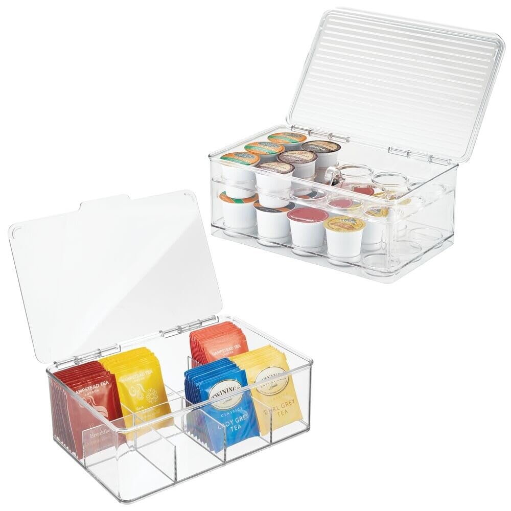 Organizador de almacenamiento dividido apilable de plástico con tapa para bolsas de té y cápsulas de café en armario de cocina, encimera, colección Ligne, incluye 1 organizador de té y 1