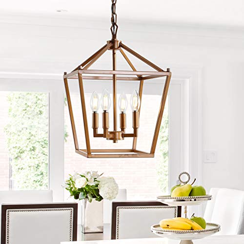 Image of JONATHAN Y Pagoda 4-Light Pendant 12 inch Cage, Antique Gold | Traditional Metal Farmhouse Hanging Lantern Ceiling Fixture, Adjustable Chain Link, For Kitchen Island, LED Bulb Included