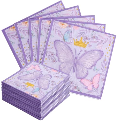 60 Serviettes Papier Papillons Violet, Serviettes de Fête 3 Plis 33 × 33 cm, Décoration...
